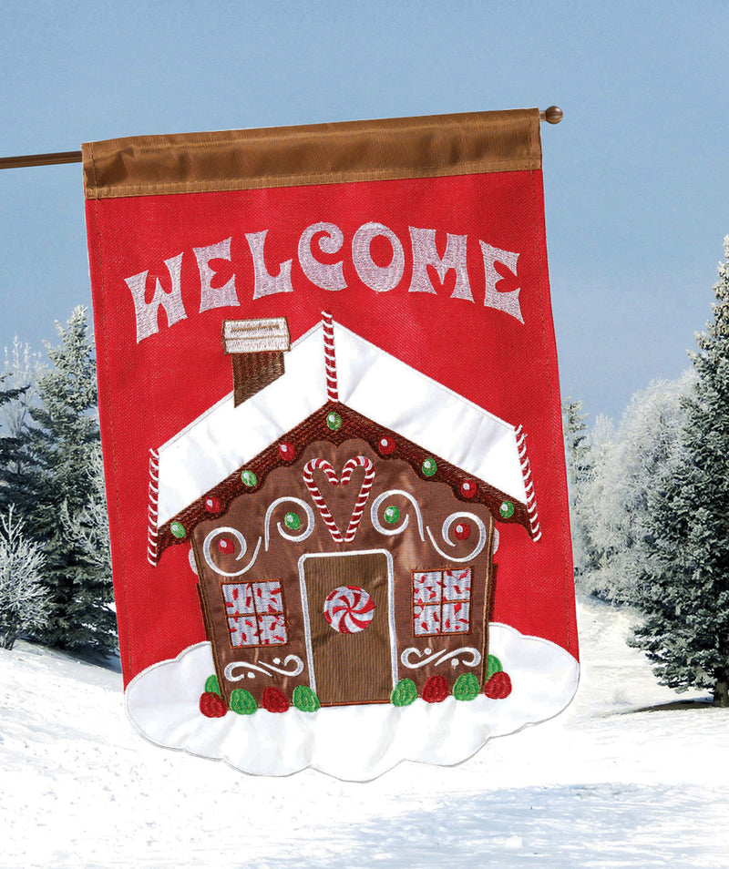 Magnolia Garden Gingerbread House Welcome Cozy Red 13 x 18 Small Double Applique Outdoor Holiday House Flag