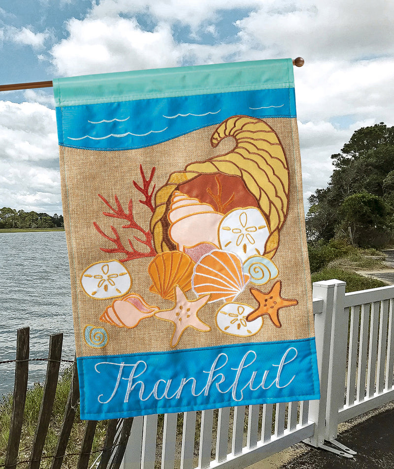 Magnolia Garden Coastal Thanksgiving Bountiful Beach 13 x 18 Small Double Applique Outdoor Harvest House Flag