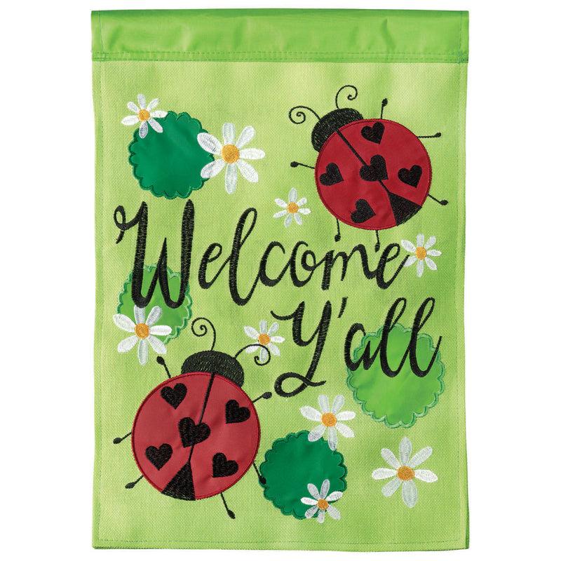 Magnolia Garden Welcome Yall Green Red Ladybug 19 x 13 Burlap Small House Flag