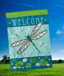 Magnolia Garden Welcome Dragonfly Blue Mossy Green 19 x 13 Burlap Small House Flag