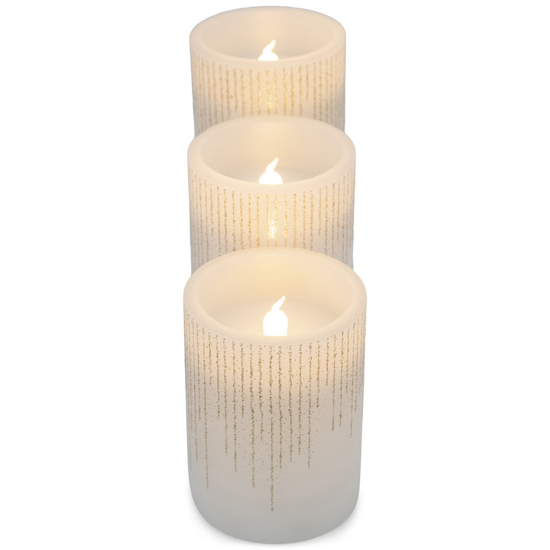 Elanze Designs Raindrop Gold Tone Glitter 6 inch Wax Flameless Candles Set of 3
