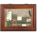 Top down view of Retirement Enjoy Relax Renew Woodgrain Rope Trim Jewelry and Music Box