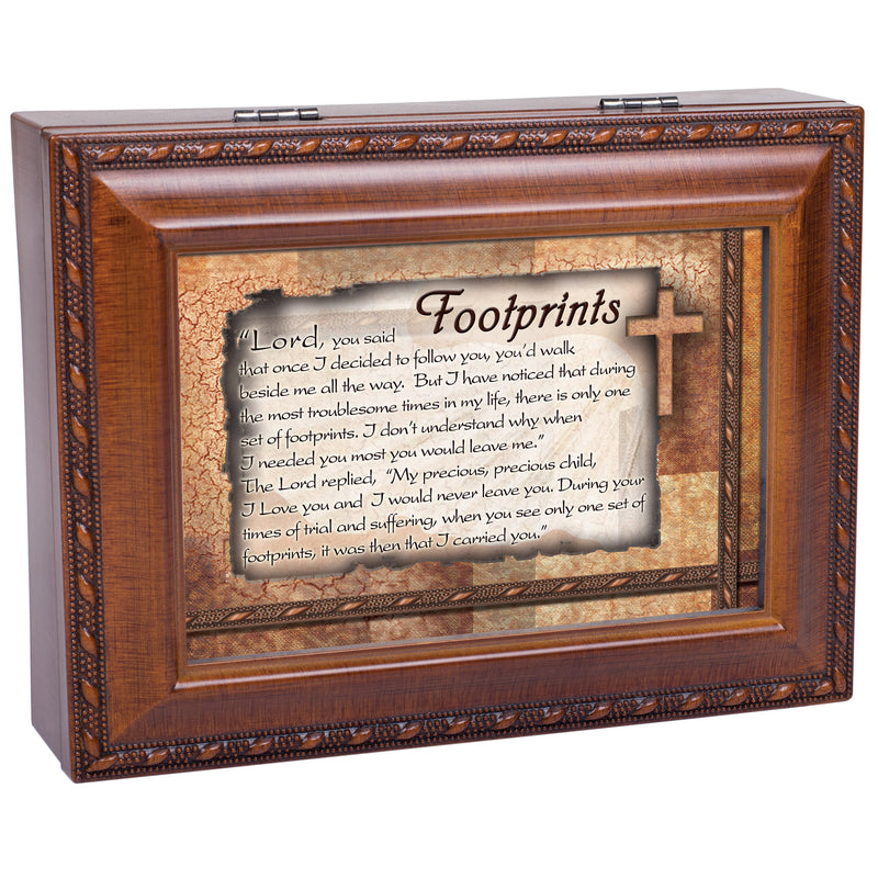 Footprints Inspirational Woodgrain Traditional Music Box Plays Amazing Grace