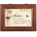 Top down view of Sister Treasured Friend Woodgrain Rope Trim Jewelry and Music Box