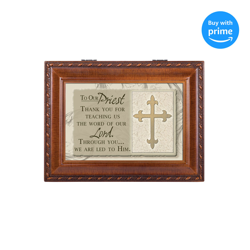 Top down view of Our Priest Woodgrain Inspirational Rope Trim Music Box