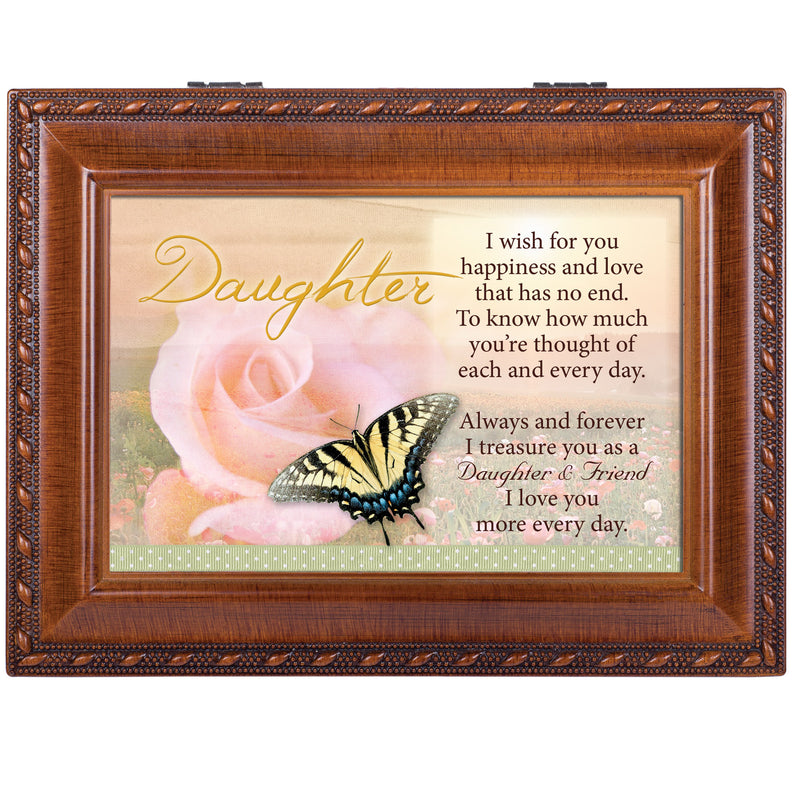 Daughter I Wish Happiness Love Woodgrain Rope Trim Jewelry Music Box Plays Wonderful World