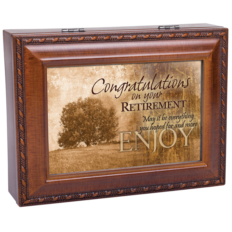 Congrats On Your Retirement Enjoy Woodgrain Rope Trim Jewelry Music Box Plays Wonderful World