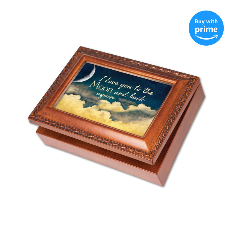 Top down view of Love You to the Moon and Back Woodgrain Rope Trim Jewelry and Music Box