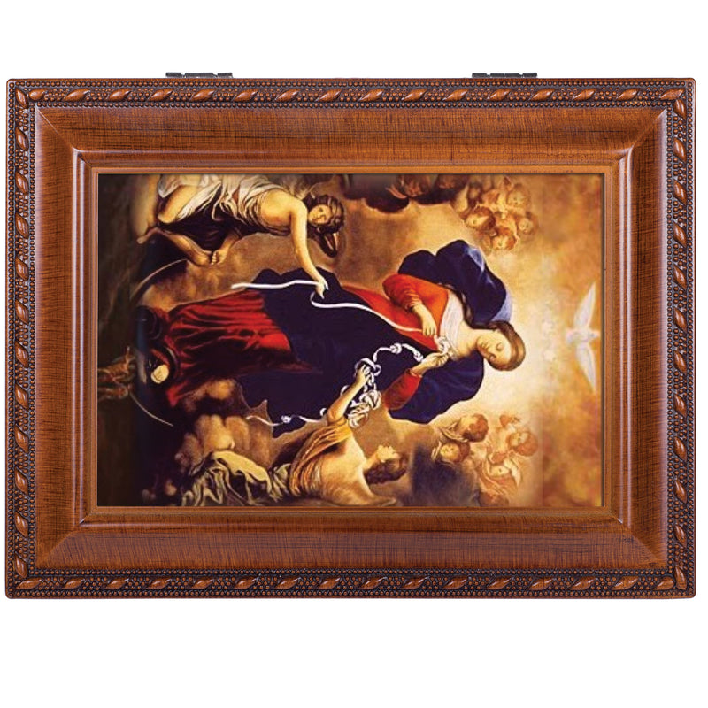 Top down view of Mary Undoer of Knots Wood Finish Jewelry and Music Box