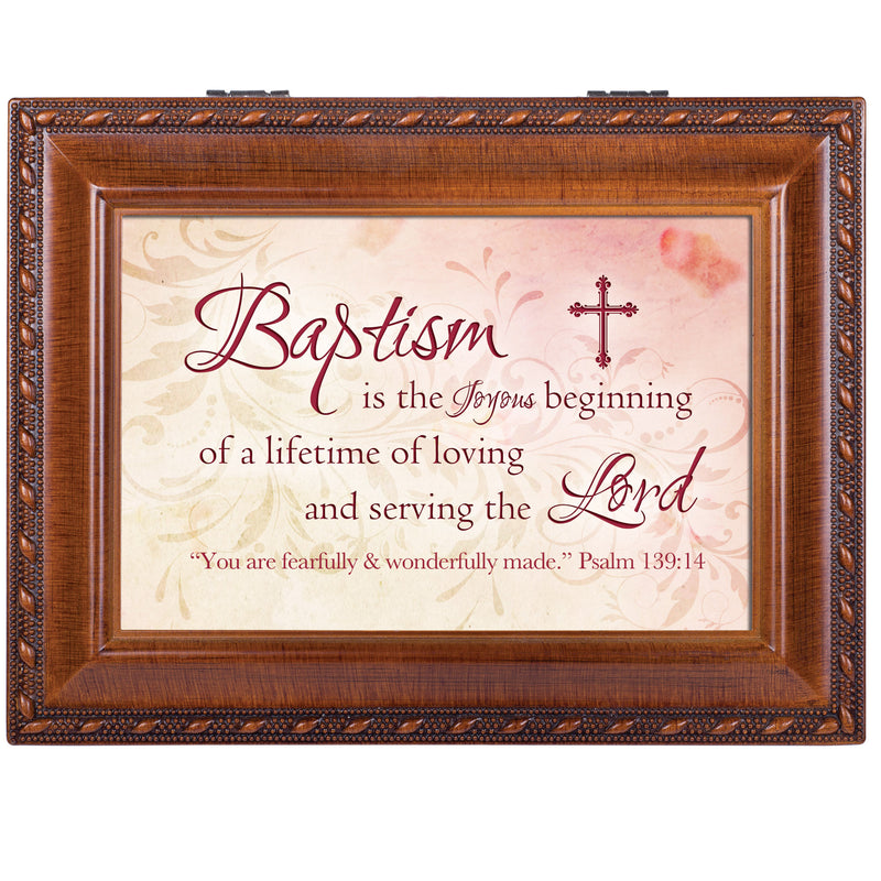 Baptism Beginning of a Life Serving Woodgrain Rope Trim Jewelry Music Box Plays Jesus Loves Me