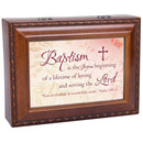 Baptism Beginning of a Life Serving Woodgrain Rope Trim Jewelry Music Box Plays Jesus Loves Me