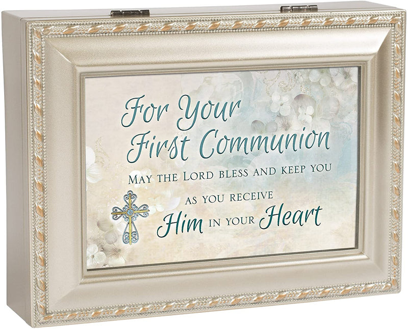 First Communion The Lord Bless Silvertone Rope Trim Jewelry Music Box Plays Amazing Grace