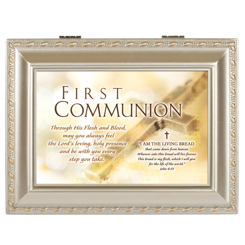 First Communion Living Bread Champagne Silver Traditional Music Box Plays Jesus Loves Me