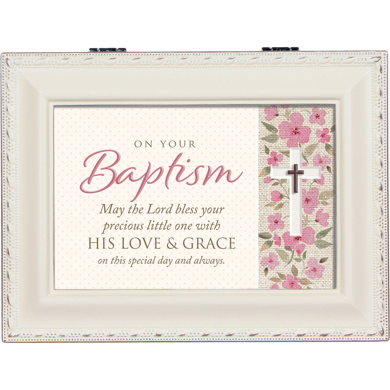 Baptism Bless Little One White Silver Rope Traditional Music Box Plays Jesus Loves Me