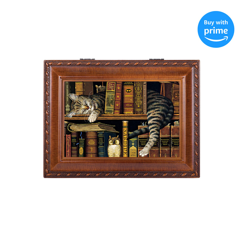 Top down view of Cat Sleeping in Library Woodgrain Rope Trim Music Box