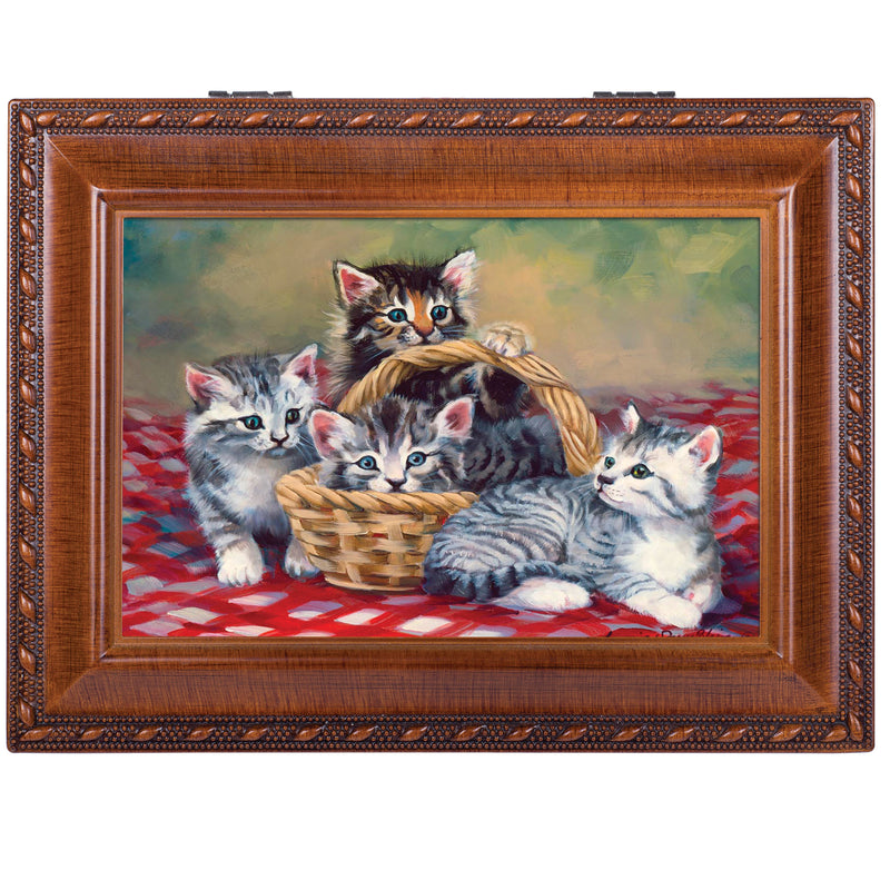 Cats Grey Brown Kittens in Basket Woodgrain Rope Trim Jewelry Music Box Plays You Are My Sunshine