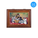 Top down view of Cats Grey Brown Kittens in Basket Woodgrain Rope Trim Music Box