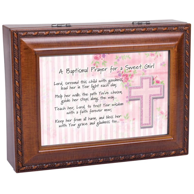 Baptismal Prayer Lead Her Woodgrain Rope Trim Jewelry Music Box Plays Jesus Loves Me