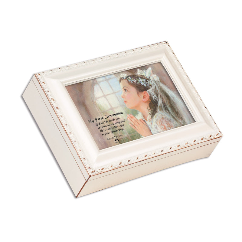 First Communion God Will Be Beside You Ivory Rope Trim Jewelry Music Box Plays Ave Maria