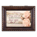 Top down view of Proverbs 31 Woman Distressed Burlwood Rope Trim Music Box