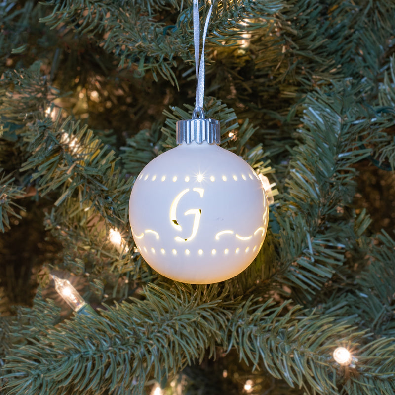 Mark Feldstein & Associates G LED Monogram White Bisque 4 x 4 Porcelain Ceramic Decorative Hanging Ornament