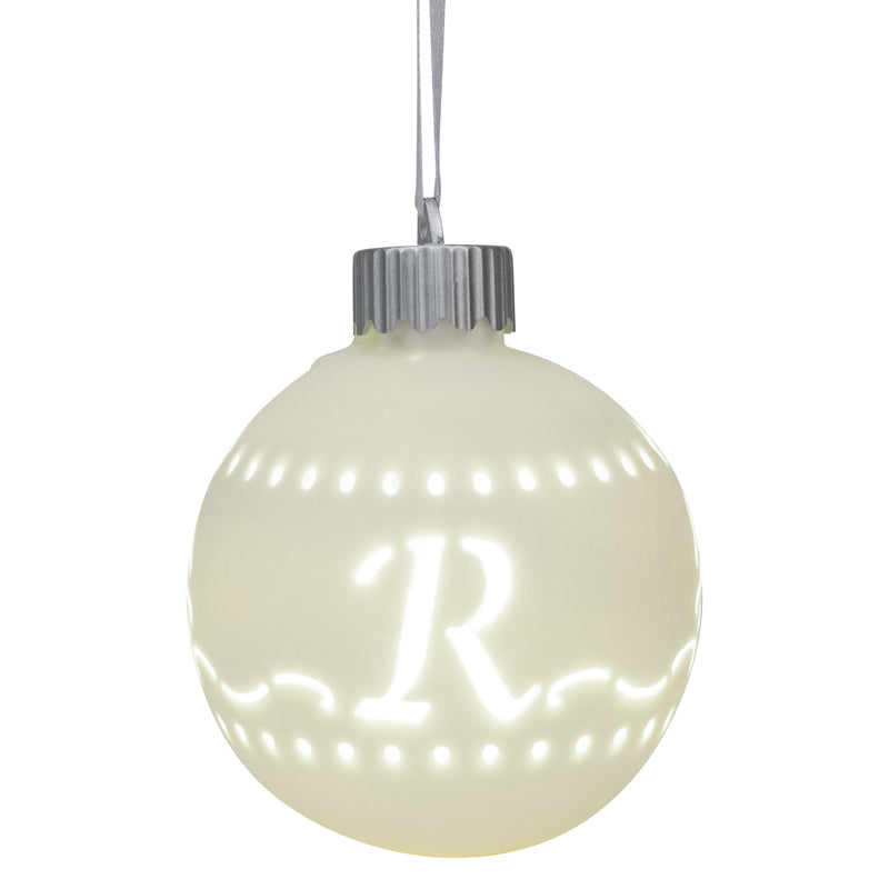 R LED Monogram White Bisque 4 x 4 Porcelain Ceramic Decorative Hanging Ornament