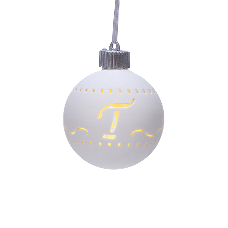 Mark Feldstein & Associates T LED Monogram White Bisque 4 x 4 Porcelain Ceramic Decorative Hanging Ornament