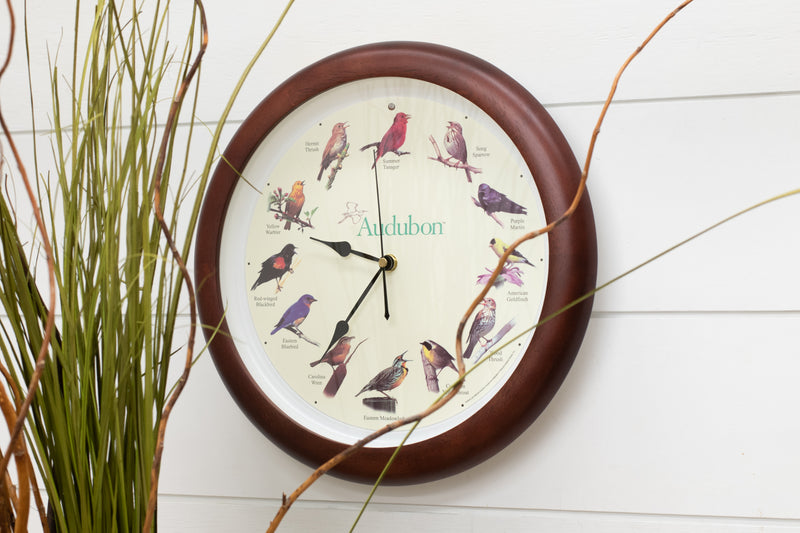 Mark Feldstein Audubon Singing Bird Wall Clock, Cherry Finish Wood Frame 13 Inch