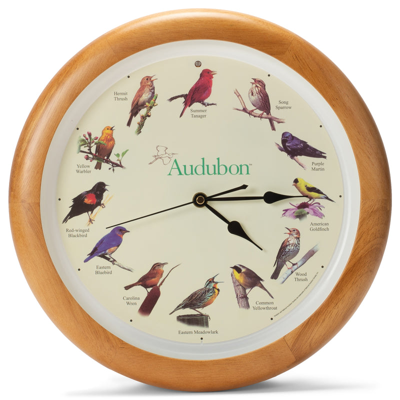 Mark Feldstein Audubon Singing Bird Wall Clock, Oak Wood Frame 13 Inch