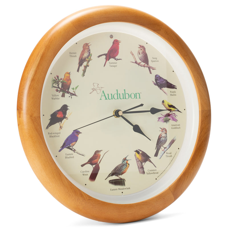 Mark Feldstein Audubon Singing Bird Wall Clock, Oak Wood Frame 13 Inch