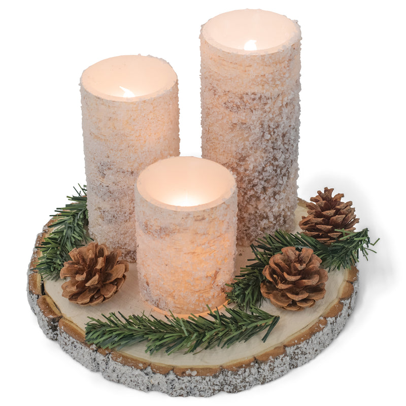 Sugared White Birch Flameless LED Holiday Pillar Candle Set with Wood Base
