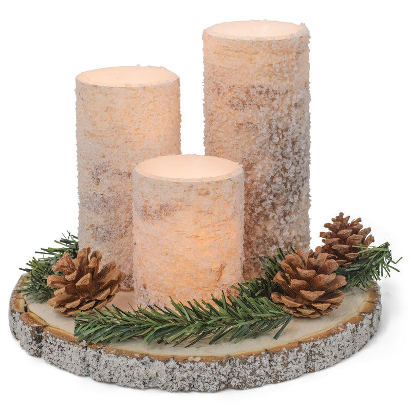 Sugared White Birch Flameless LED Holiday Pillar Candle Set with Wood Base