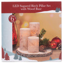 Sugared White Birch Flameless LED Holiday Pillar Candle Set with Wood Base