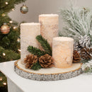 Sugared White Birch Flameless LED Holiday Pillar Candle Set with Wood Base