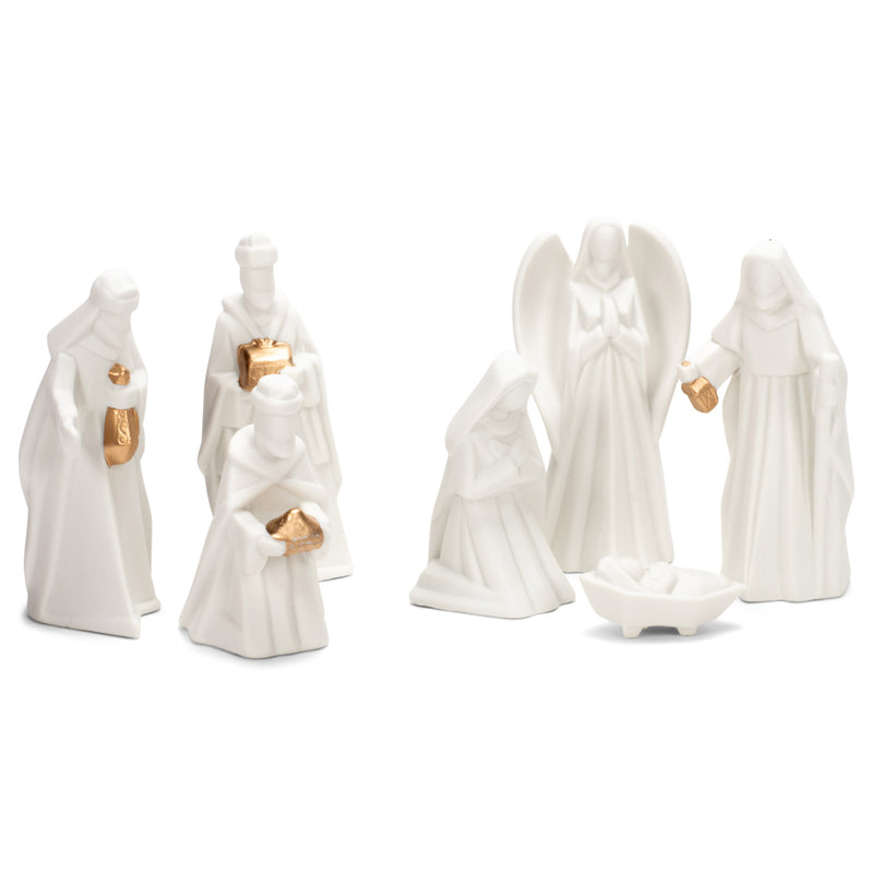 White Porcelain 7 PC Hand Painted Miniature Christmas Nativity Set, Boxed