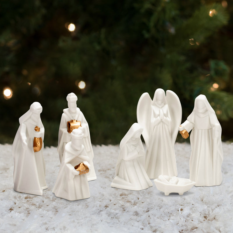 White Porcelain 7 PC Hand Painted Miniature Christmas Nativity Set, Boxed