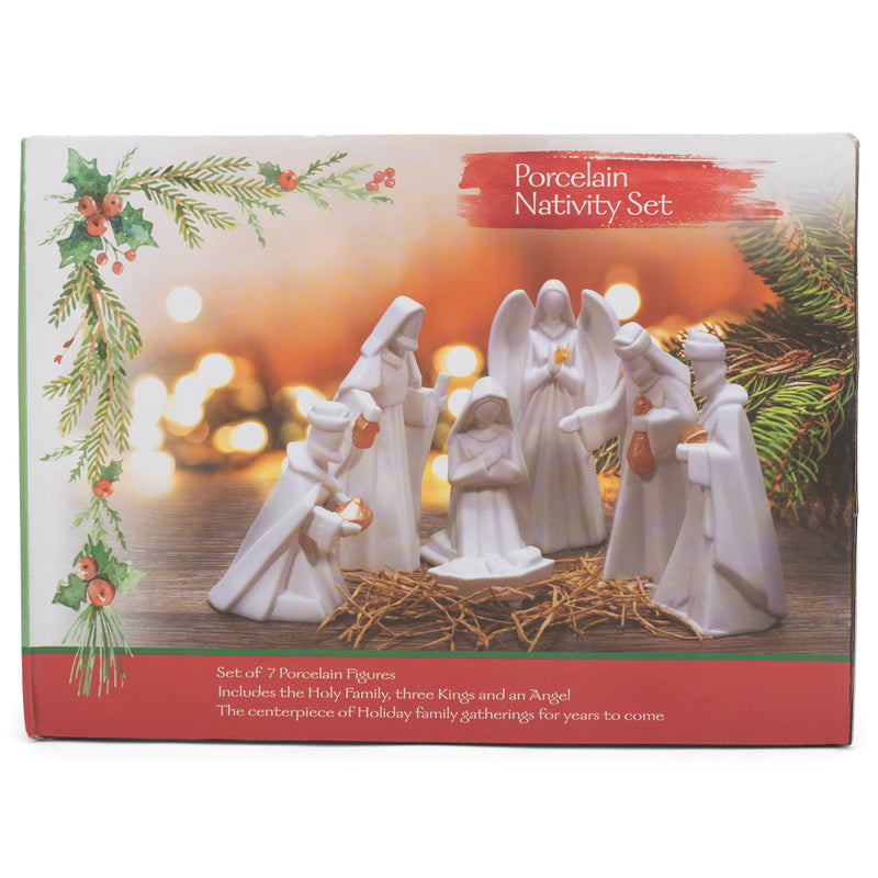 White Porcelain 7 PC Hand Painted Miniature Christmas Nativity Set, Boxed