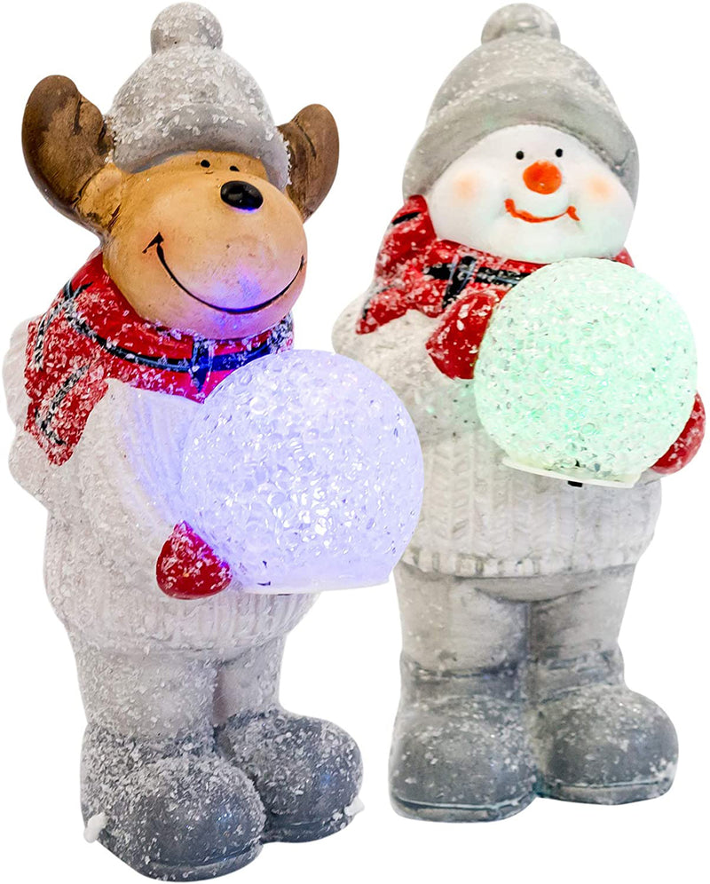 Mark Feldstein & Associates Moose & Snowman Holding Snowballs LED Light Up Terra Cotta 2 Piece Set