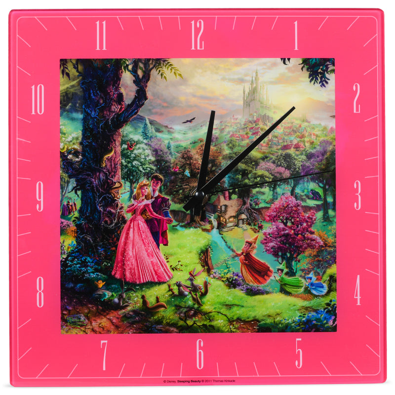 Mark Feldstein & Associates Sleeping Beauty Disney Kinkade Floral Pink 11 inch Glass Square Wall Clock