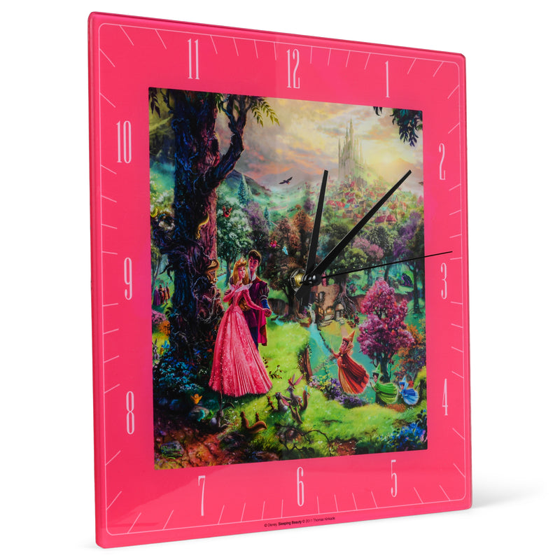 Mark Feldstein & Associates Sleeping Beauty Disney Kinkade Floral Pink 11 inch Glass Square Wall Clock