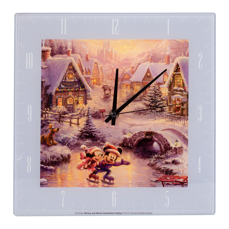 Mark Feldstein & Associates Sweetheart Holiday Mickey Minnie Disney Kinkade White 11 inch Glass Square Wall Clock