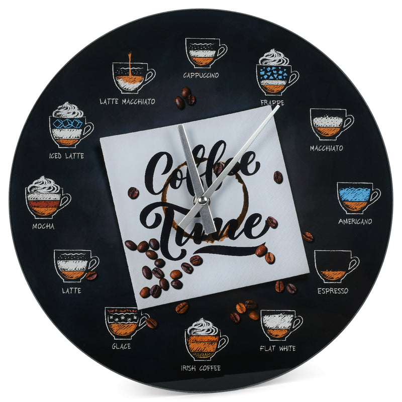 Mark Feldstein & Associates Coffee Time Beverages Midnight Black 12 inch Smooth Glass Round Wall Clock