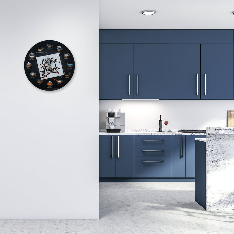 Mark Feldstein & Associates Coffee Time Beverages Midnight Black 12 inch Smooth Glass Round Wall Clock