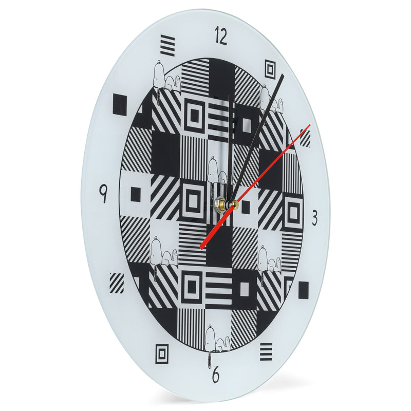 Mark Feldstein & Associates Peanuts Snoopy Geometric Black and White 12 inch Glass Round Wall Clock