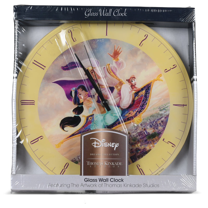 Mark Feldstein & Associates Aladdin and Jasmine Disney Kinkade Pale Yellow 12 inch Glass Round Wall Clock