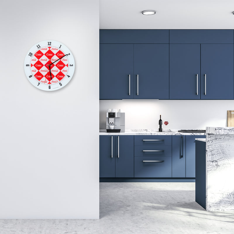 Mark Feldstein & Associates Coca Cola Diamond Pattern Red and White 12 inch Glass Round Wall Clock