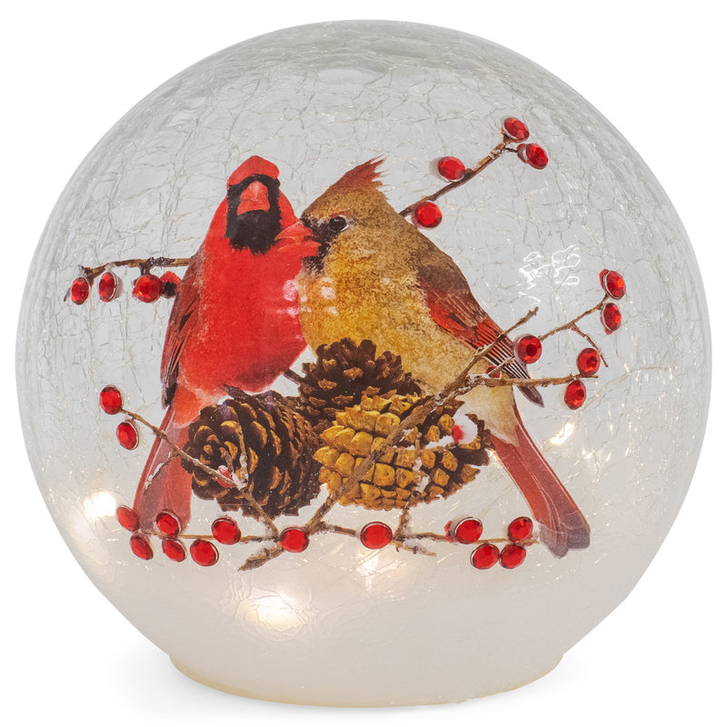 Mark Feldstein & Associates Woodland Cardinal Pair Rosy Red 6 x 6 Crackle Glass LED Lighted Holiday Globe