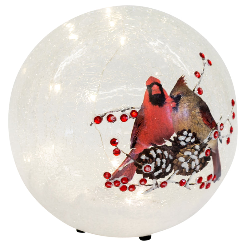 Mark Feldstein & Associates Cardinal Pair on Berry Branch LED Light Up 7 Inch Crackle Glass Globe Decoration