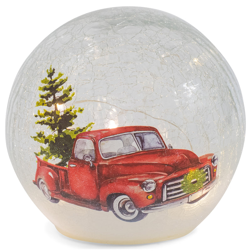 Mark Feldstein & Associates Truck with Tree Rosy Red 6 x 6 Crackle Glass LED Lighted Holiday Globe