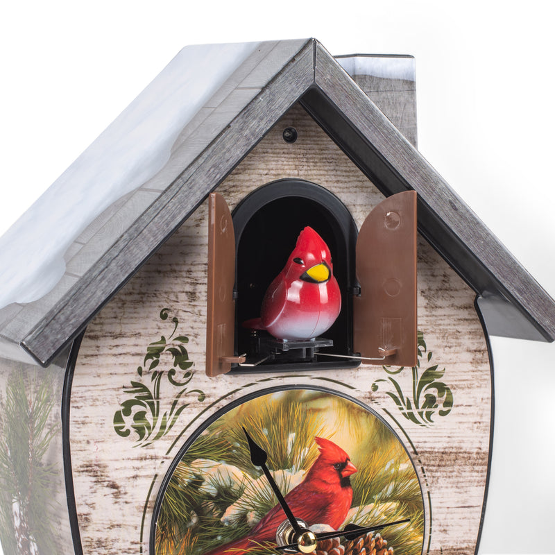 Mark Feldstein & Associates Wild Wings December Dawn Cardinal Rosy Red 17 x 9 Acrylic Holiday Cuckoo Clock